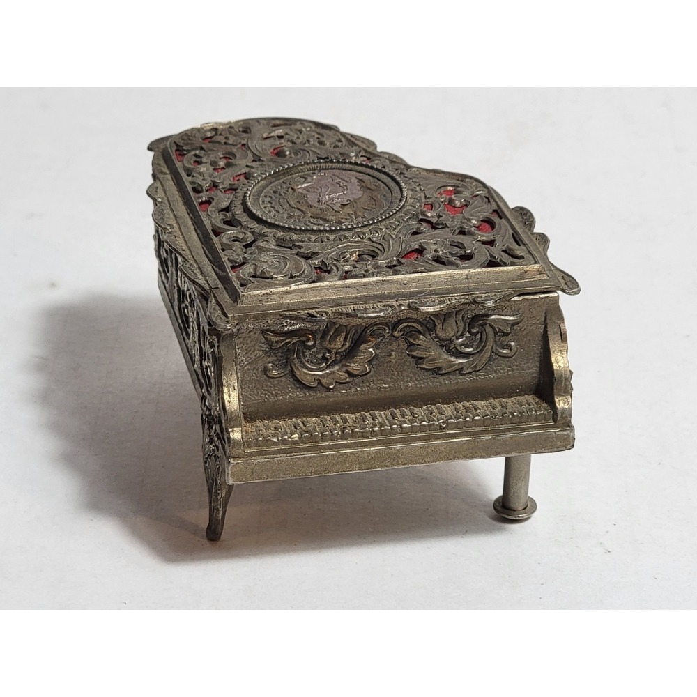 Vintage Sankyo Japan Piano Music Box Silver Tone Ornate Metal Red Velvet Working